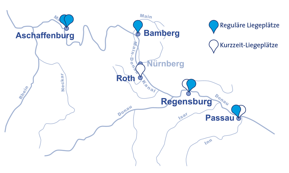 Übersicht über die Kreuzfahrt-Anlegestellen in den bayernhafen-Standorten