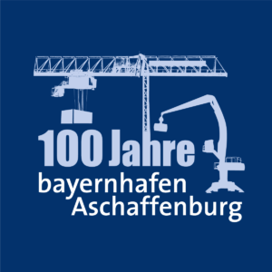 Logo "100 Jahre bayernhafen Aschaffenburg" auf blauem Grund