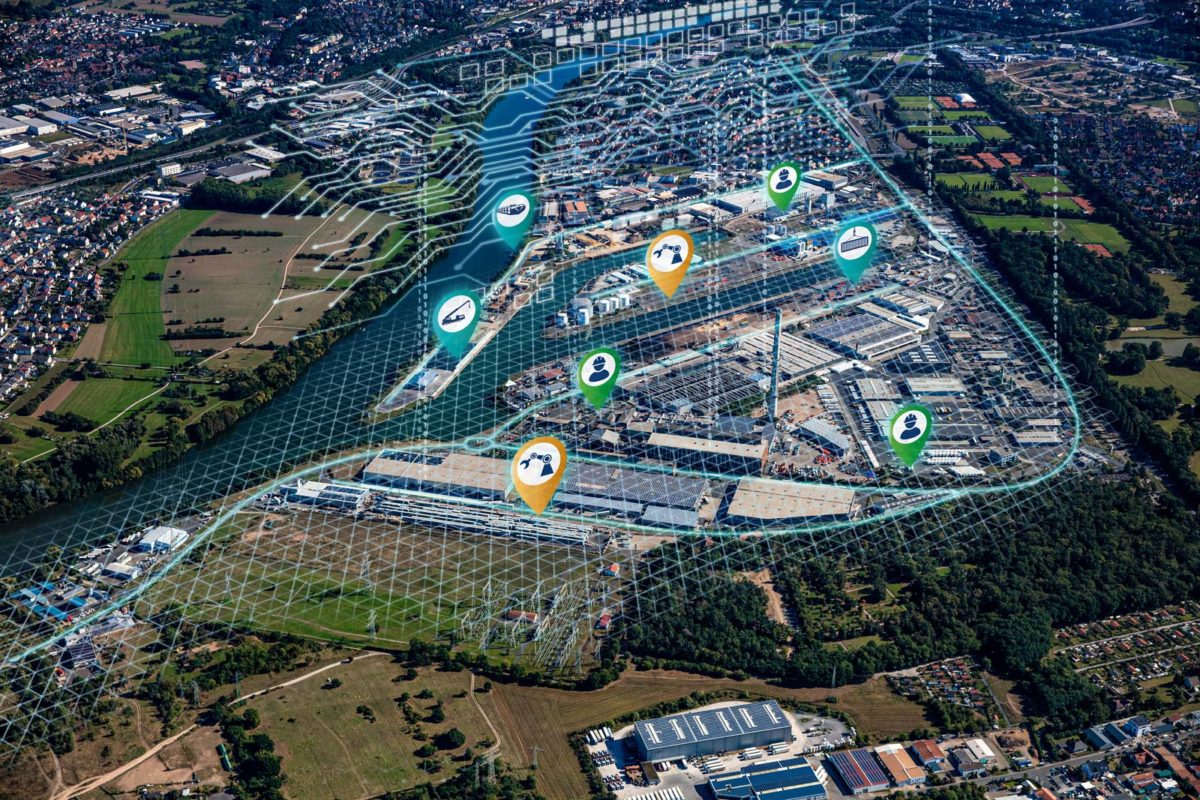 Luftbild bayernhafen Aschaffenburg mit überlagerten Symbolbildern Digitalisierung