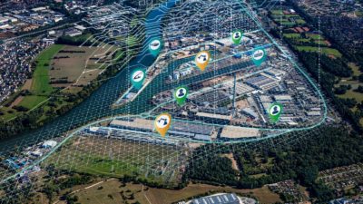 Luftbild bayernhafen Aschaffenburg mit überlagerten Symbolbildern Digitalisierung
