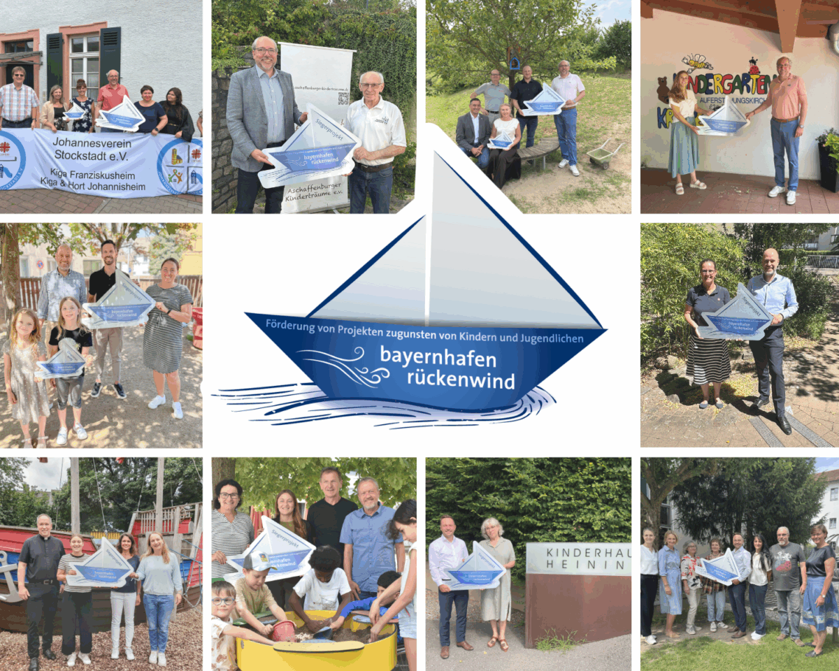 Fotokollage mit allen zehn symbolischen Spendenübergaben der Siegerprojekte und in der Mitte groß das Logo des rückenwind-Spendenwettbewerbs, ein blaues Papierschiffchen