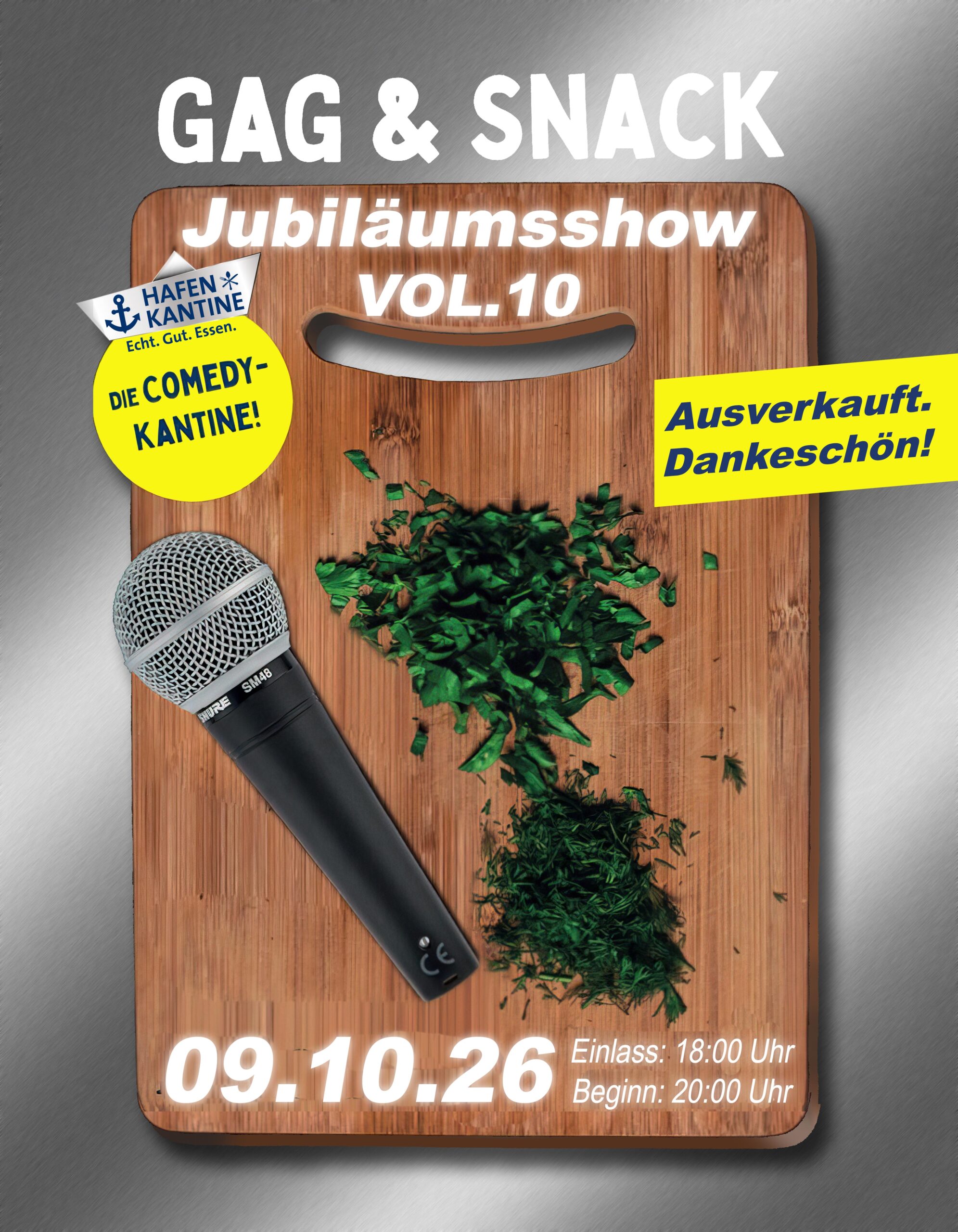 Veranstaltungsplakat Gag und Snack am 9. Oktober 2026. Einlass ab 18 Uhr, Beginn 20 Uhr. Die Veranstaltung ist ausverkauft. 